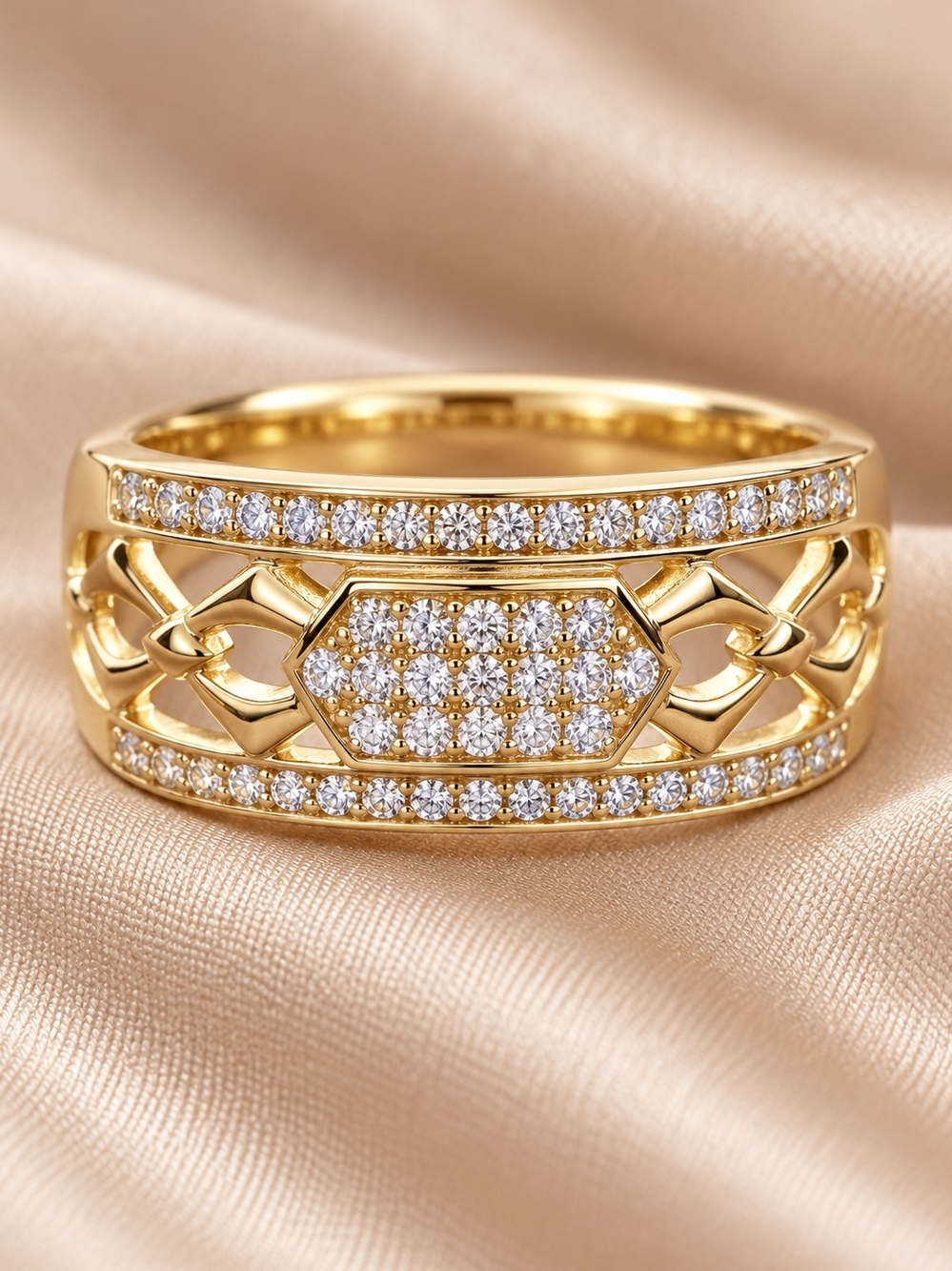 14k.Gold Laminated Pave Link Band Ring with Hexagon Pavé Accent